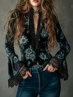 Lace-Trim Floral Velvet Blouse