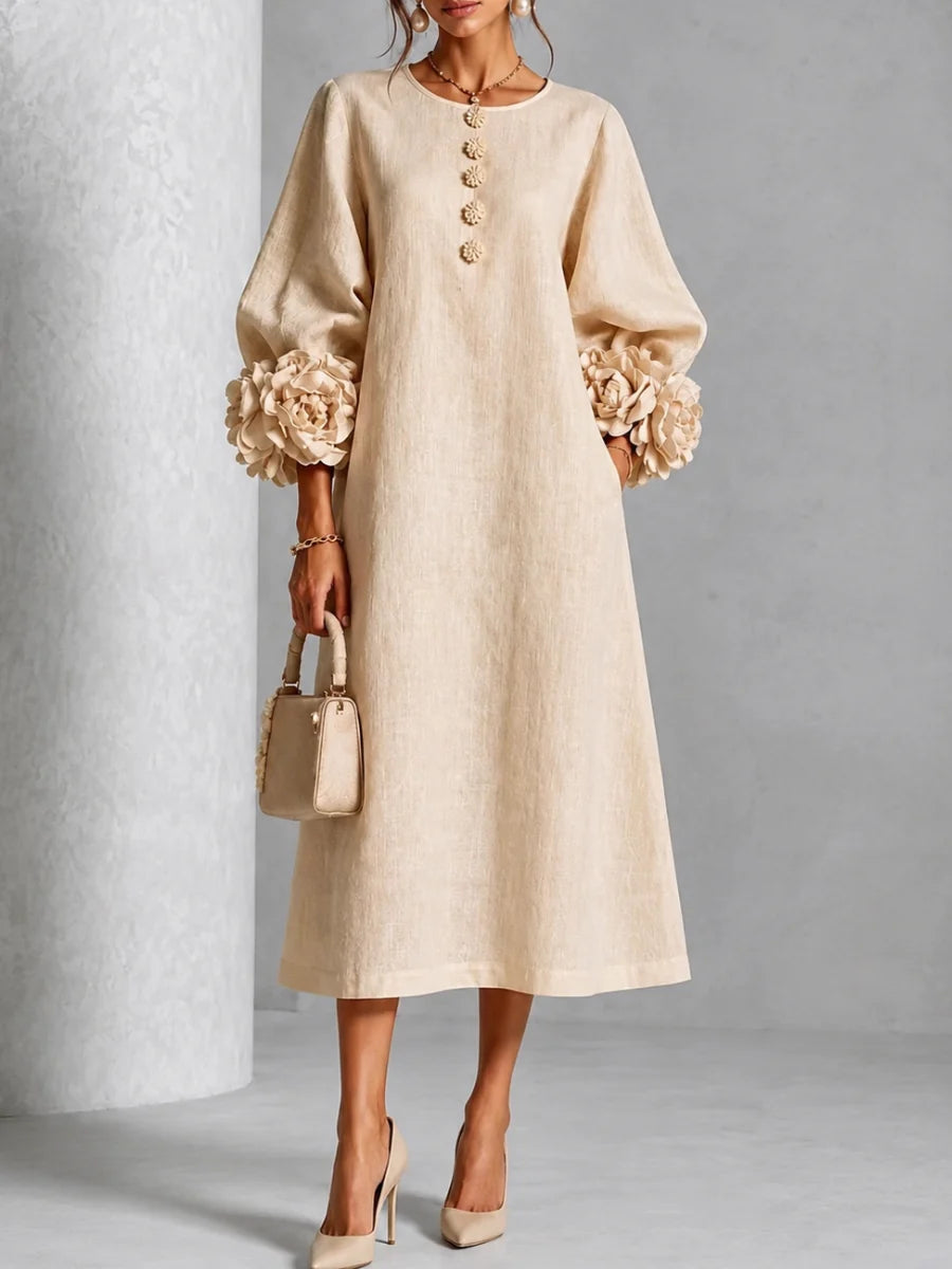 3D Floral Detail Midi Dress with Statement Sleeves