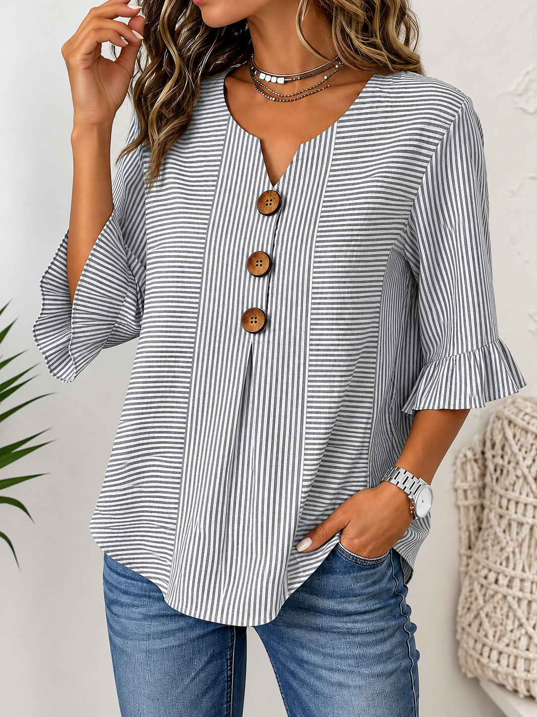 Blusa casual de rayas con cuello en V y manga 3/4