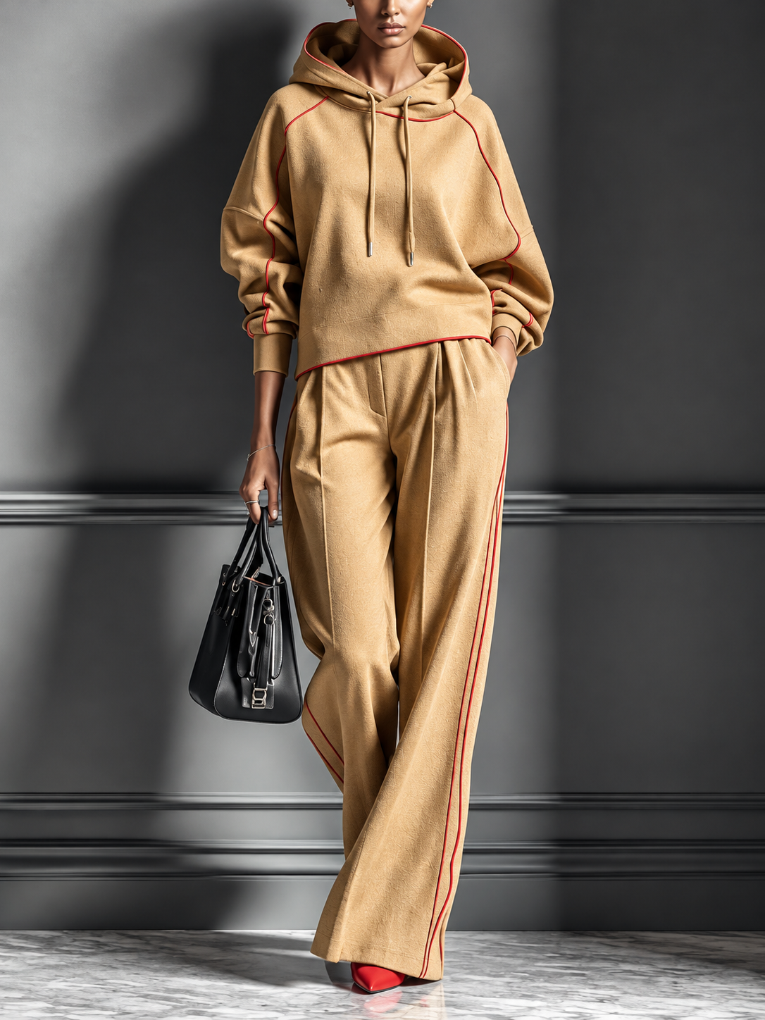 Contrast Piping Hoodie Wide-Leg Two-Piece Set