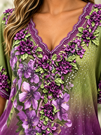 Blusa con cuello en V, encaje, pedrería y bordado floral