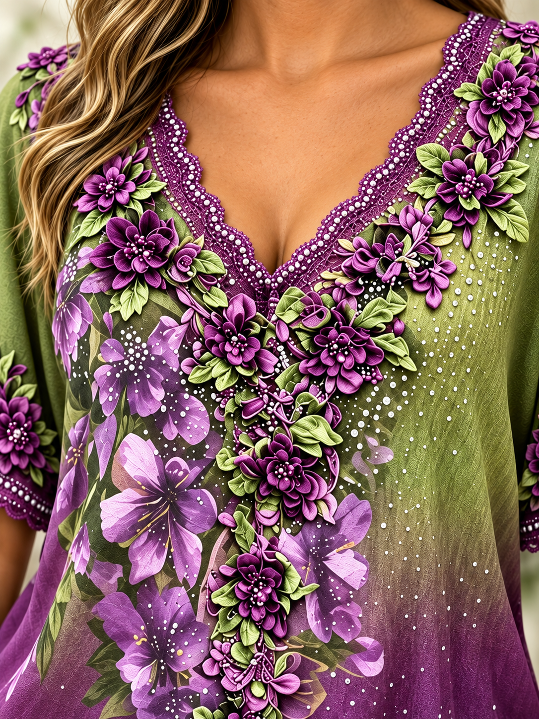 Floral Embroidered Rhinestone Lace-Trim V-Neck Blouse