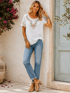 White Floral Embroidery Eyelet Rhinestone Round Neck Short Sleeve Blouse