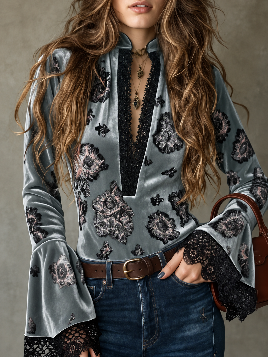Lace-Trim Floral Velvet Blouse
