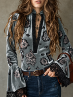 Lace-Trim Floral Velvet Blouse