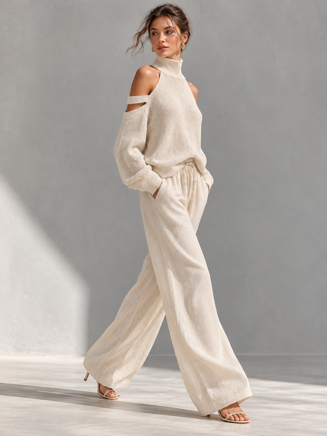 Knit Fabric Cold-Shoulder Turtleneck Top & Wide-Leg Pants Set