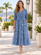 Vestido largo de dos piezas con bordado de hojas elegante
