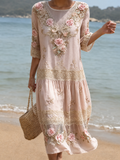 Pink Floral Embroidered Lace Midi Dress with 3/4 Sleeves
