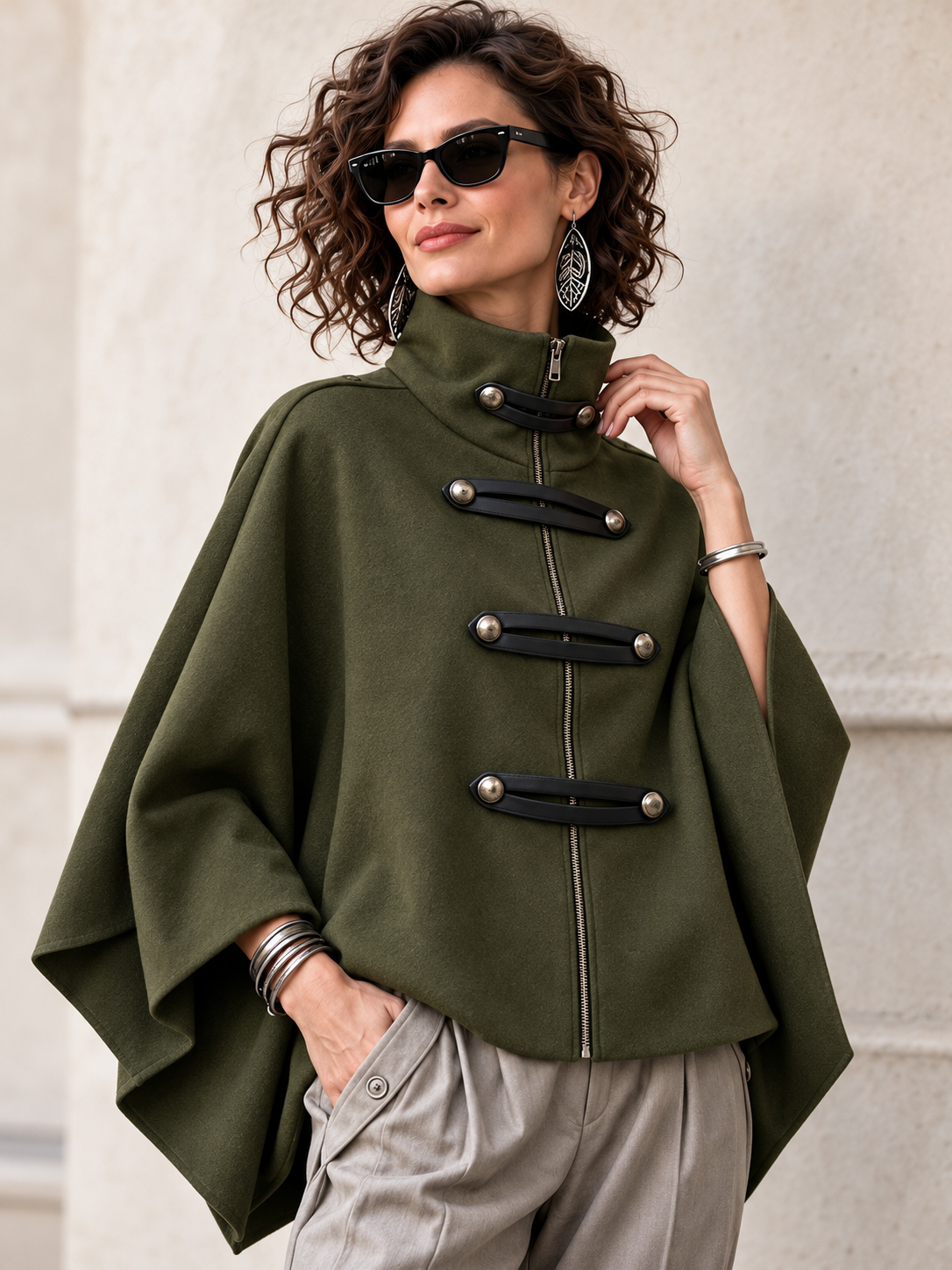 Cozy Stand-collar Stud-embellished Zippered Cape Coat