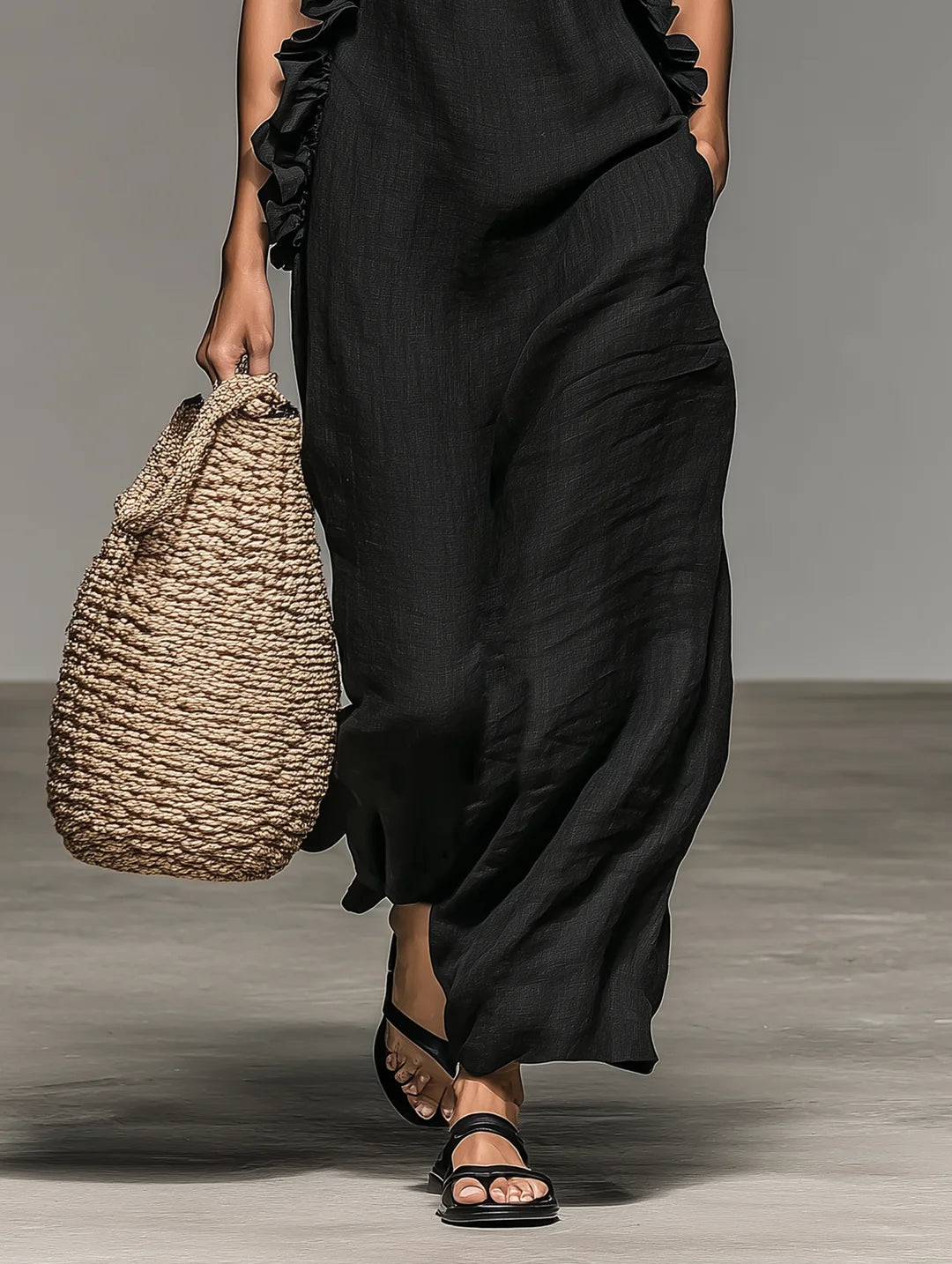 Ruffle-Trim Halter Maxi Dress with Pockets