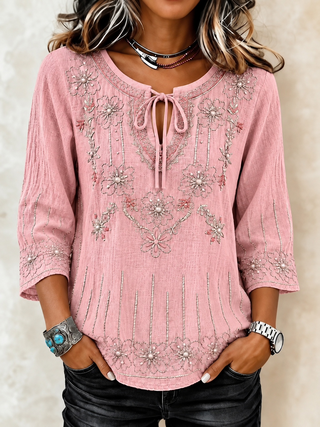Floral Embroidered Split V-Neck 3/4 Sleeve Blouse