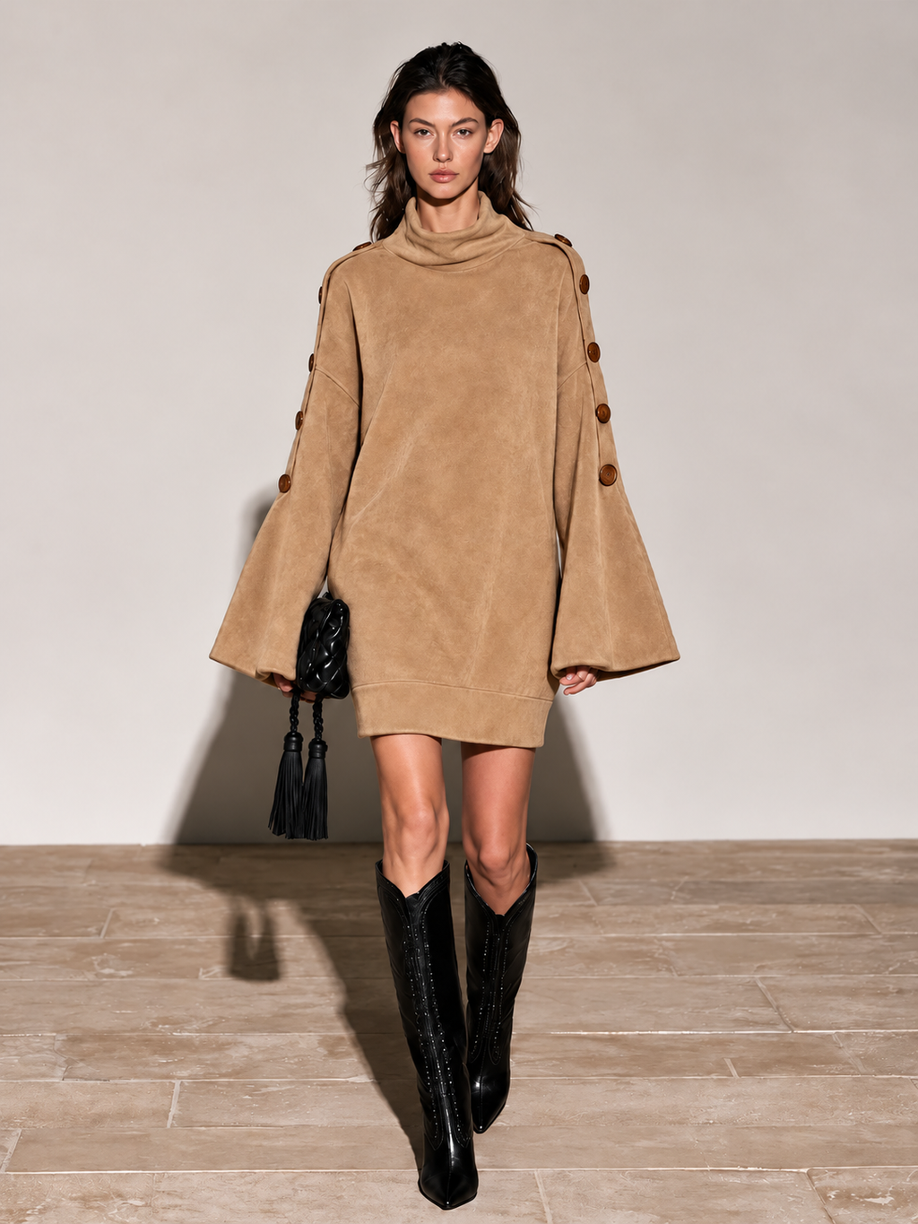 Camel Faux Suede Turtleneck Mini Dress