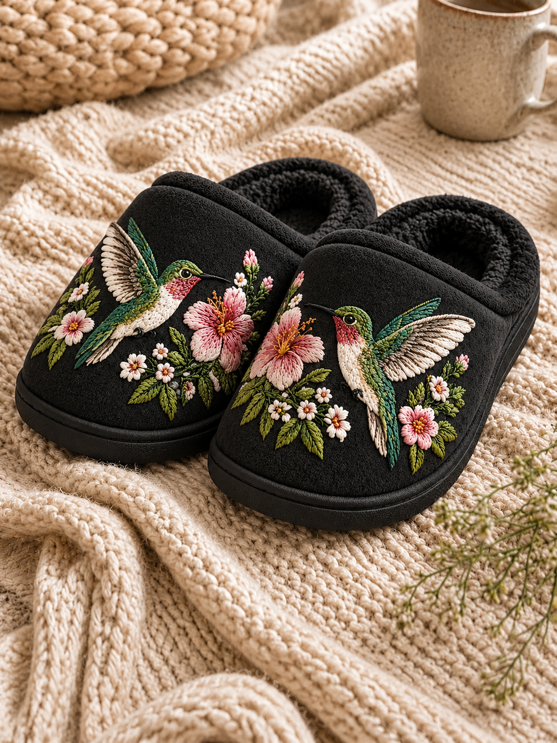 Embroidered Hummingbird Slippers