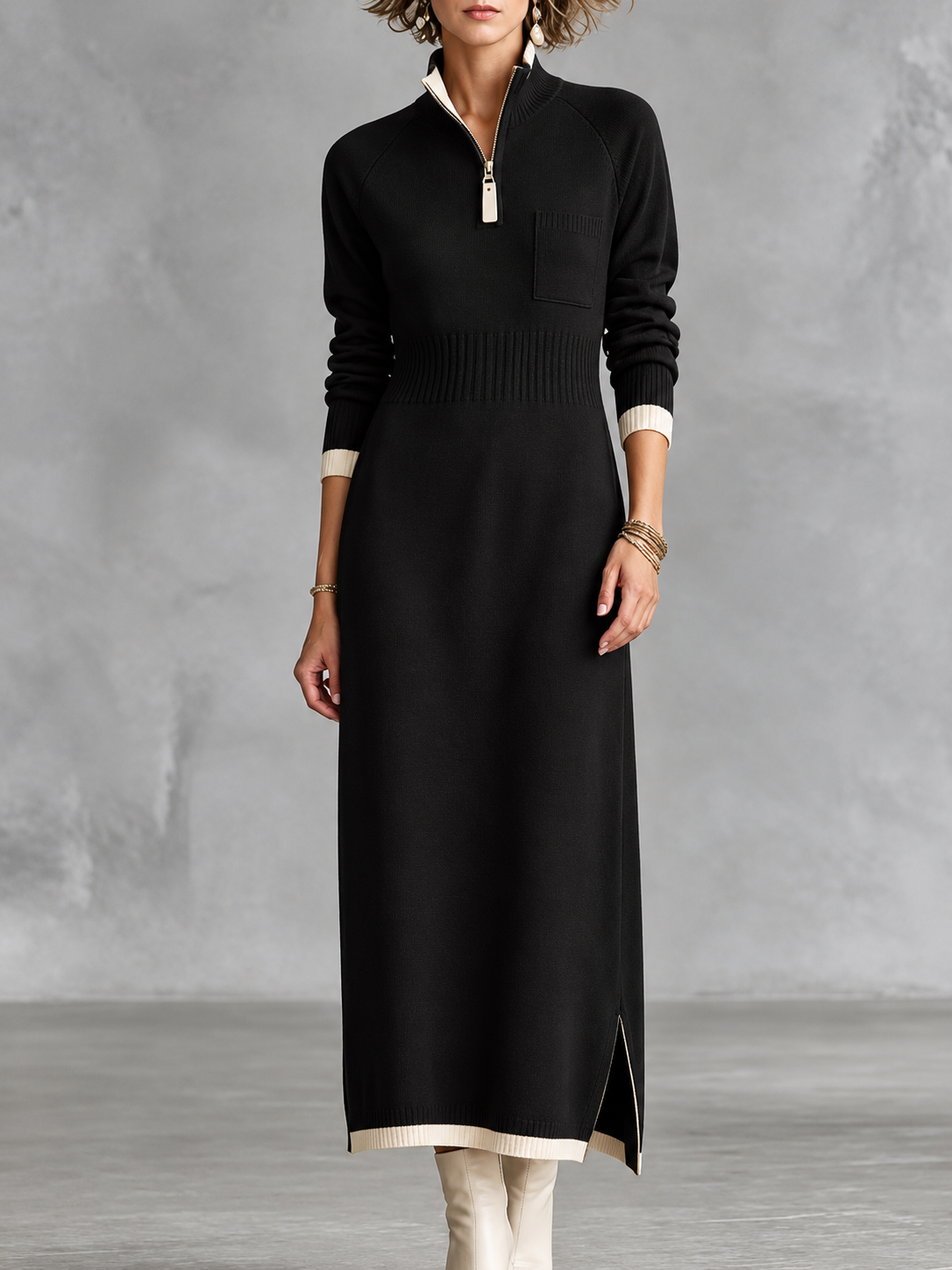 Zip Neck Knit Maxi Dress