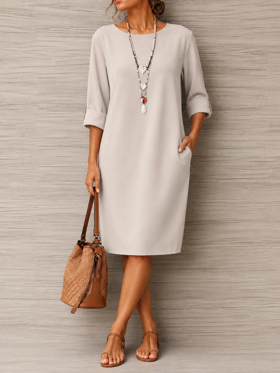 Tummy-Contouring Midi Dress with Roll-Tab Sleeves & Pockets