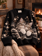 Dzianinowy sweter oversize z kotem