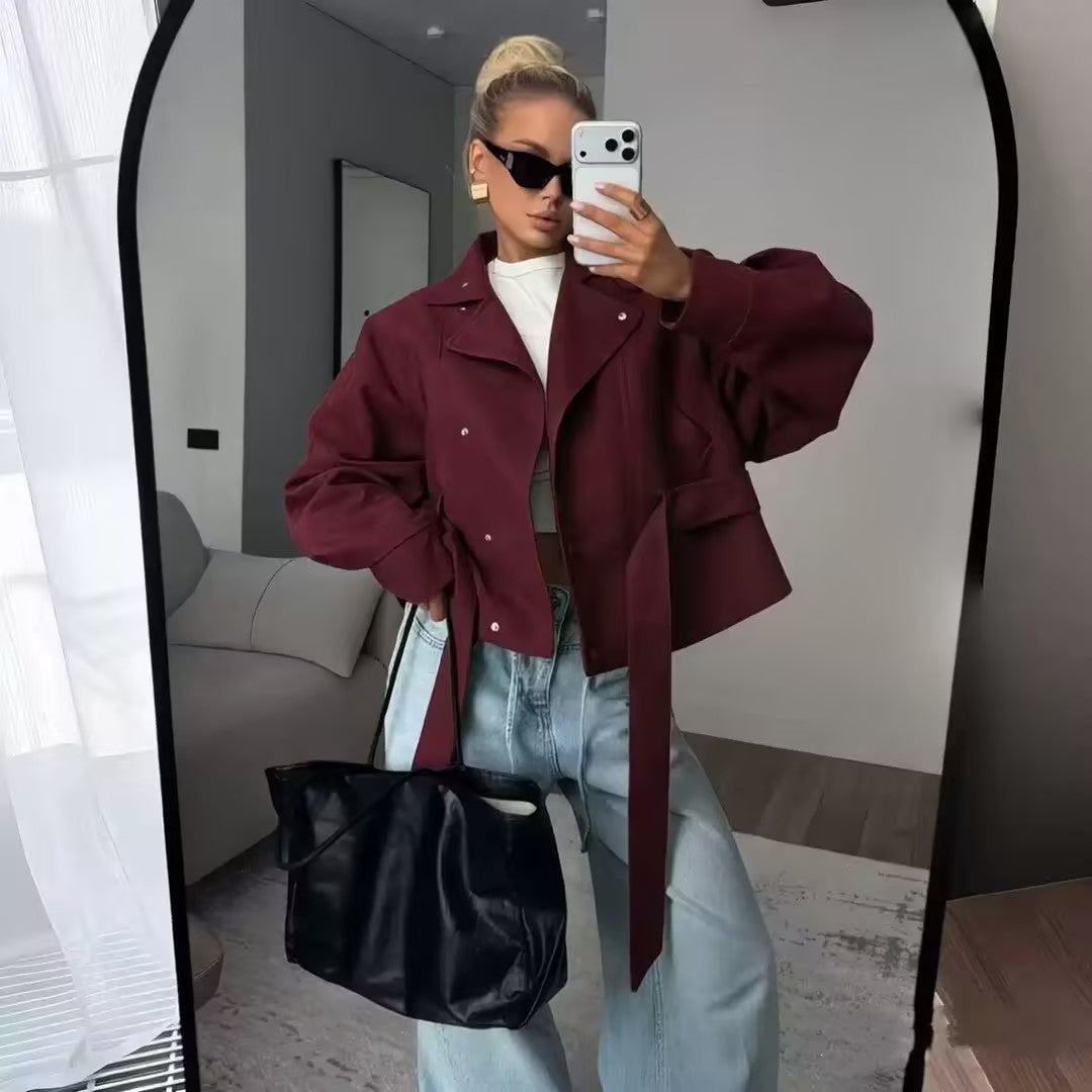 Oversized Cropped Jacket with Adjustable Waist Belt