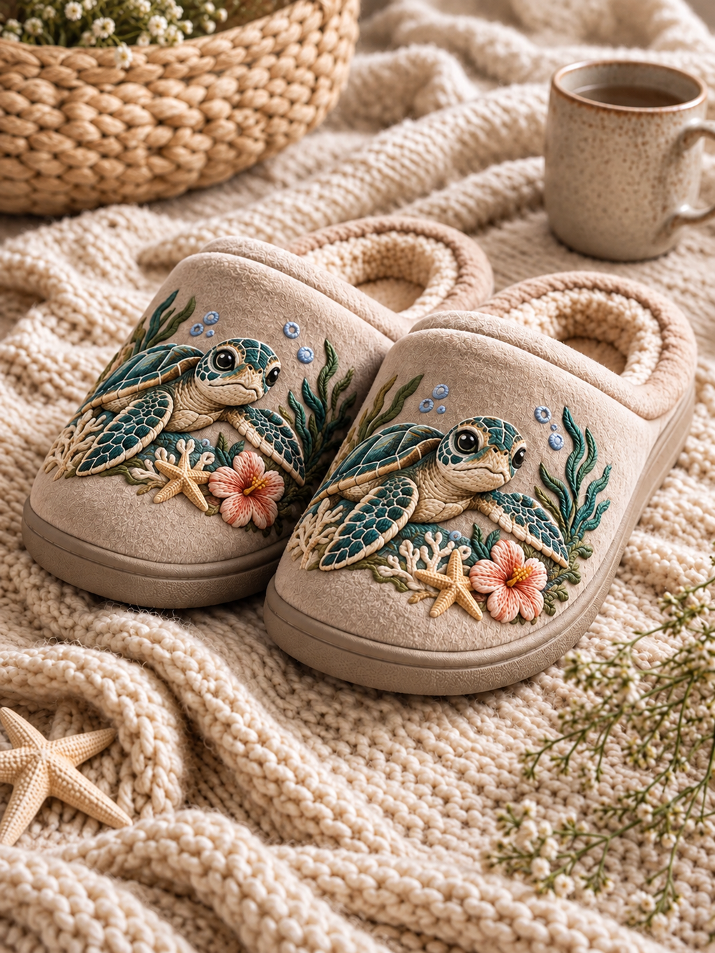 Pantuflas de tortuga marina bordadas