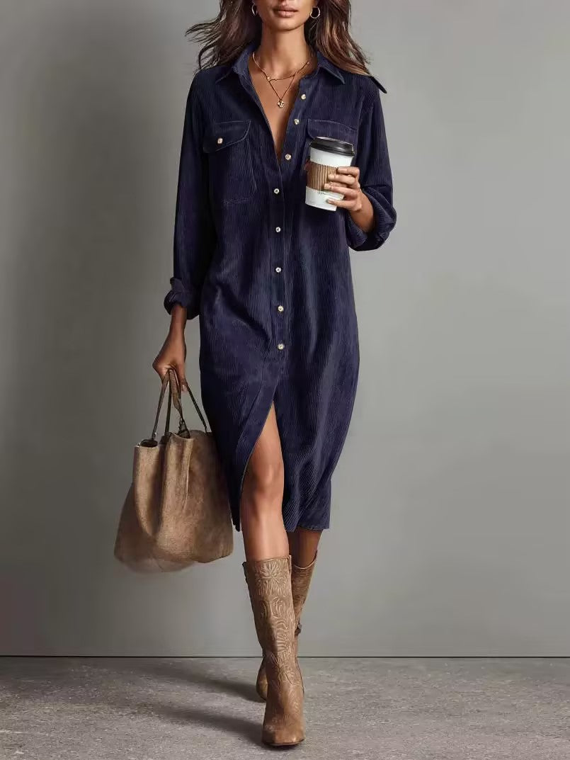 Corduroy Button-Front Midi Shirt Dress with Pockets