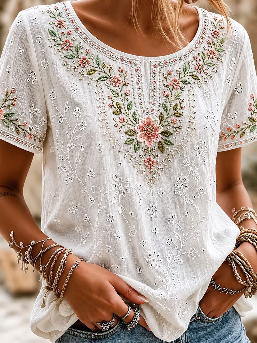 White Floral Embroidery Eyelet Rhinestone Round Neck Short Sleeve Blouse