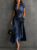 Abstract Print Wrap Midi Dress with Shirt Collar
