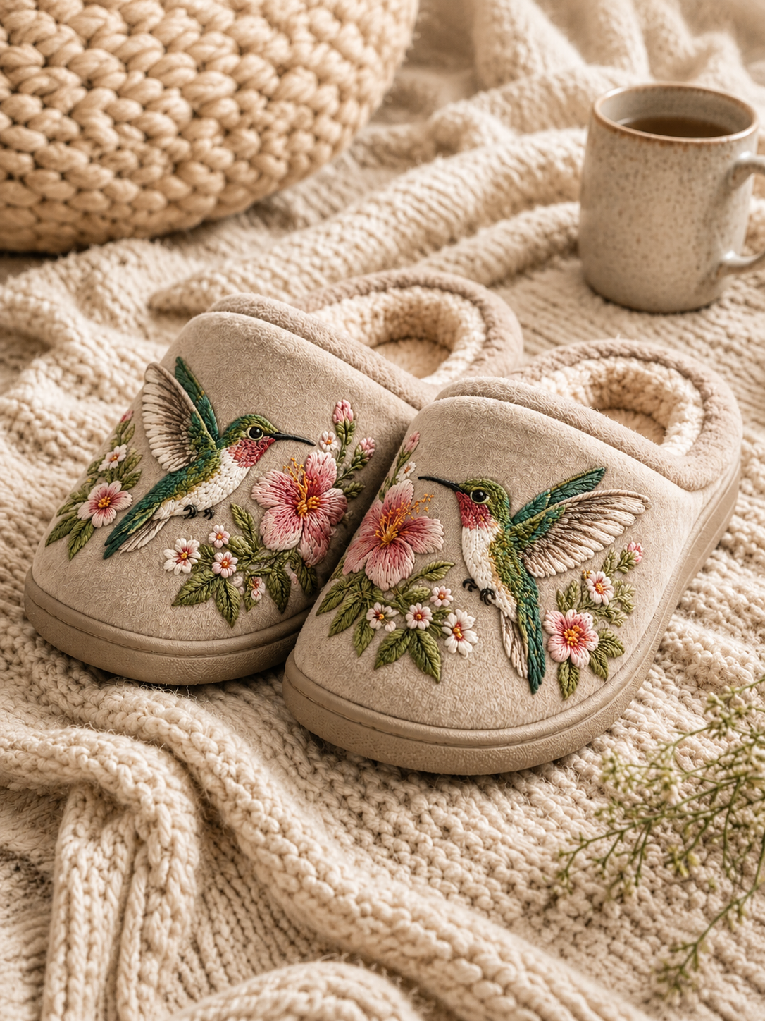 Embroidered Hummingbird Slippers