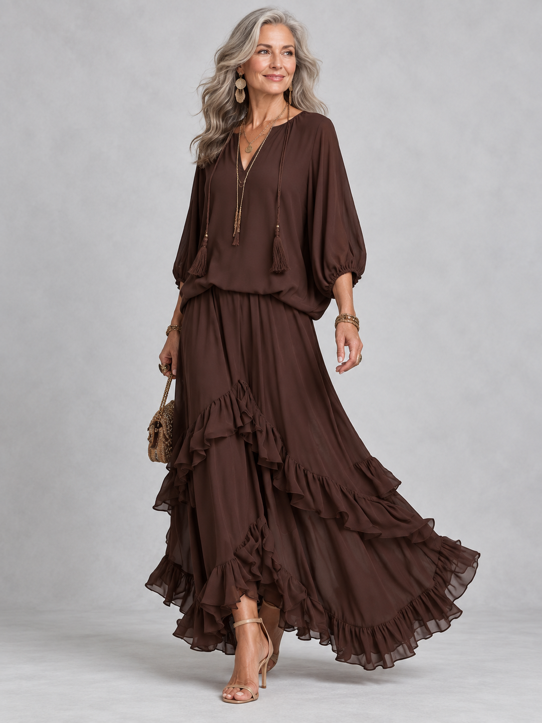 Chiffon Fringe Top & Flared Maxi Skirt -2- Piece Set