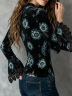 Lace-Trim Floral Velvet Blouse