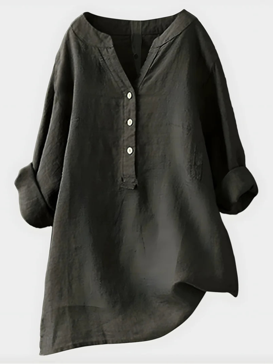 Elegant Cotton-Linen V-Neck Blouse