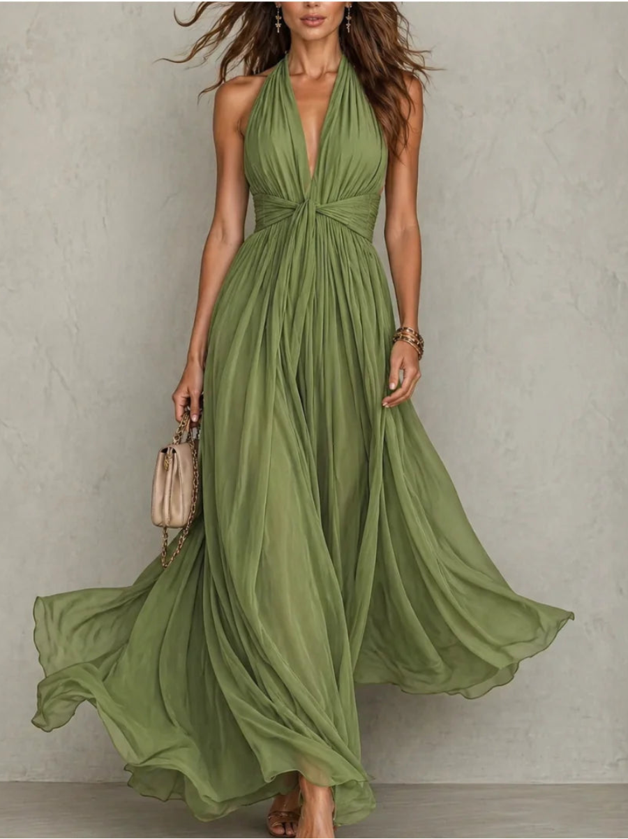 Twist-Waist Halter Chiffon Maxi Dress