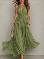 Twist-Waist Halter Chiffon Maxi Dress