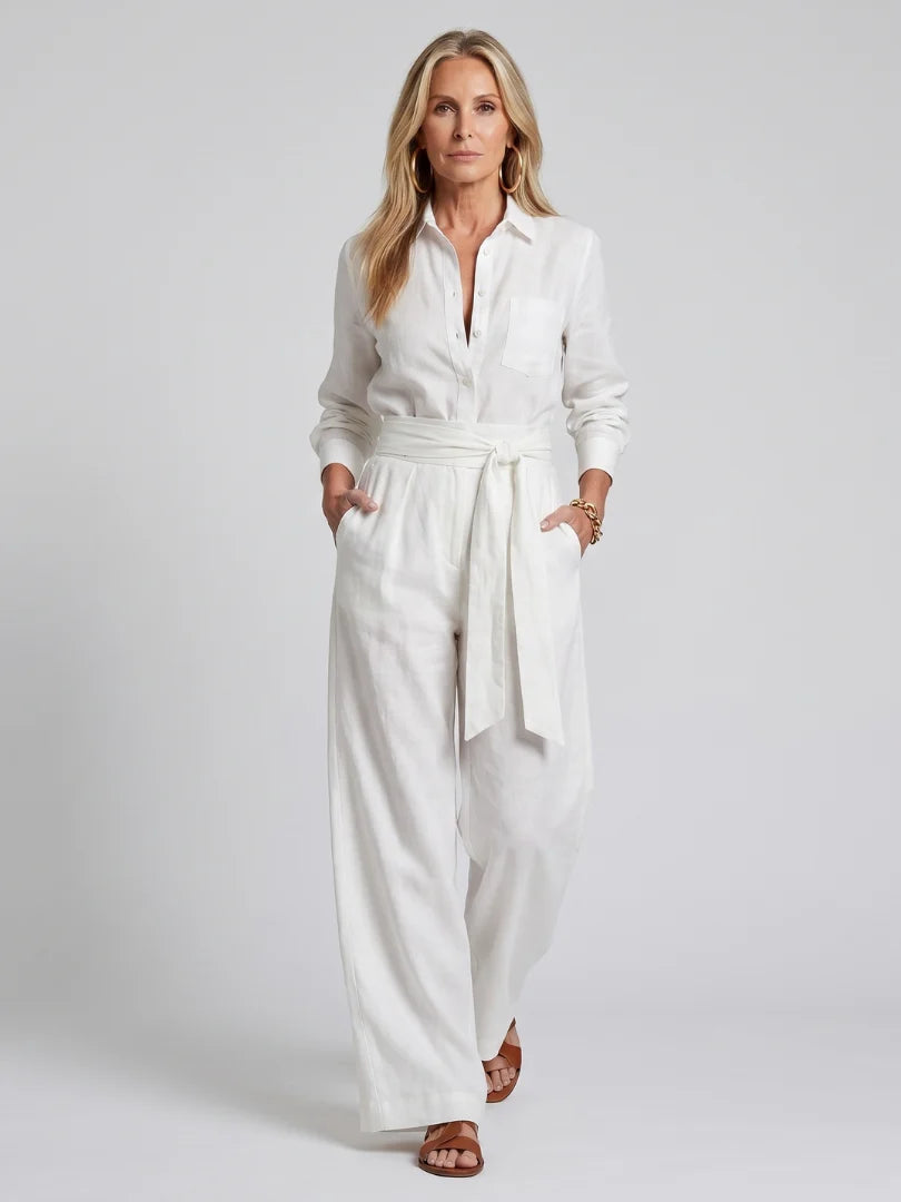Long Sleeve Button Front Wide Leg Jumpsuit