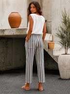 Relaxed Striped Cropped Pants with Drawstring Waist & Pockets