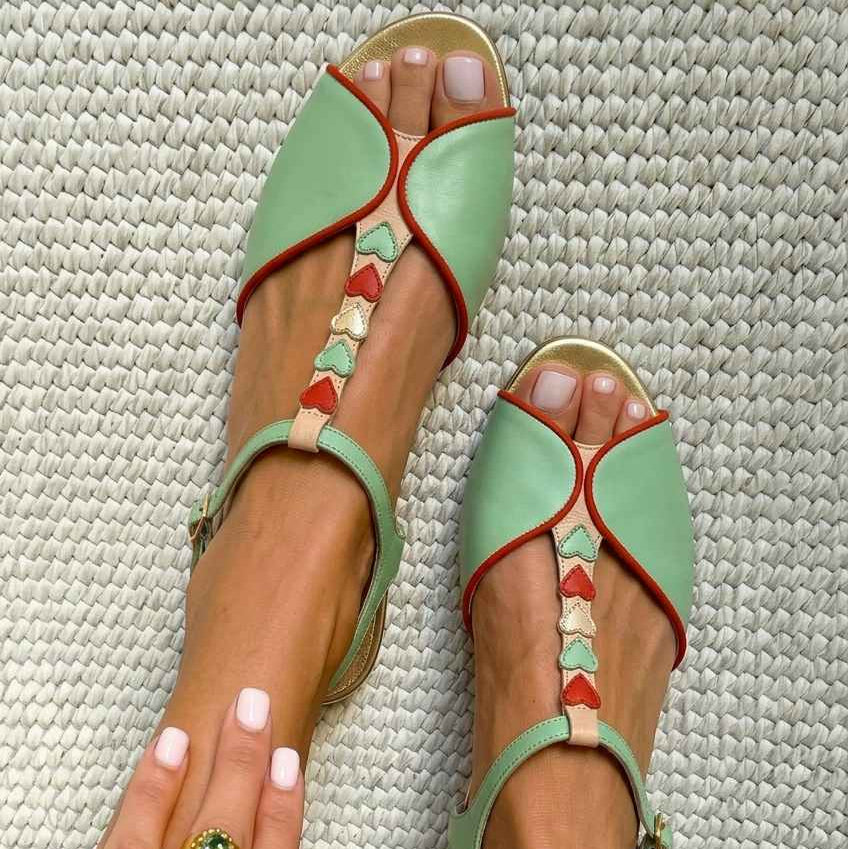 Pastel Flat Slingback Sandals with Open Toe and Heart Detail