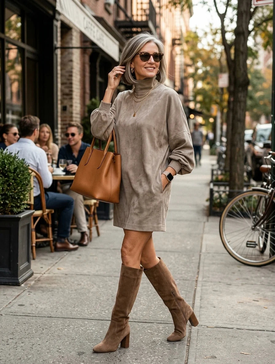 Loose-fitting Faux Suede High-neck Mini Dress