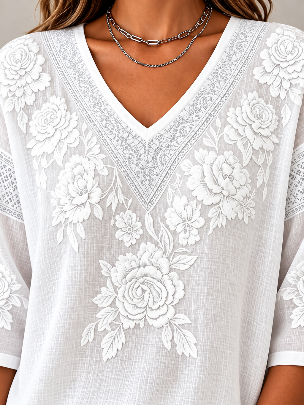 Floral Embroidered Lace Trim V Neck 3/4 Sleeve Blouse