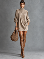Loose-fitting Faux Suede High-neck Mini Dress