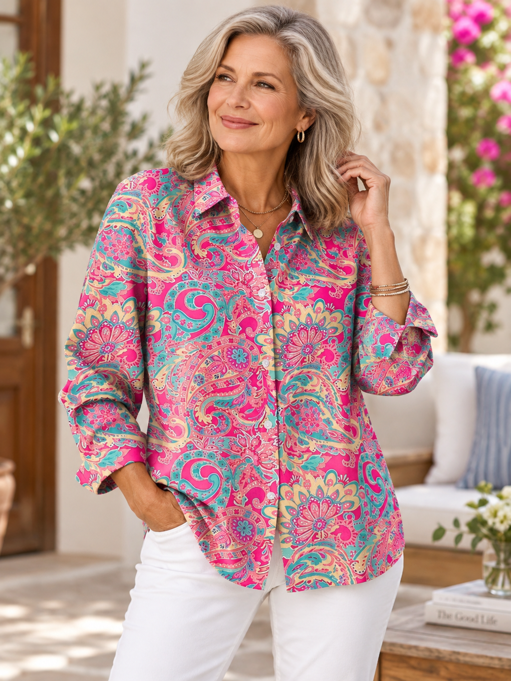 Paisley Print Button-Up Blouse