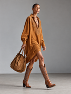 Suede Loose Lapel V-neck Embroidered Long-sleeved Midi Dress