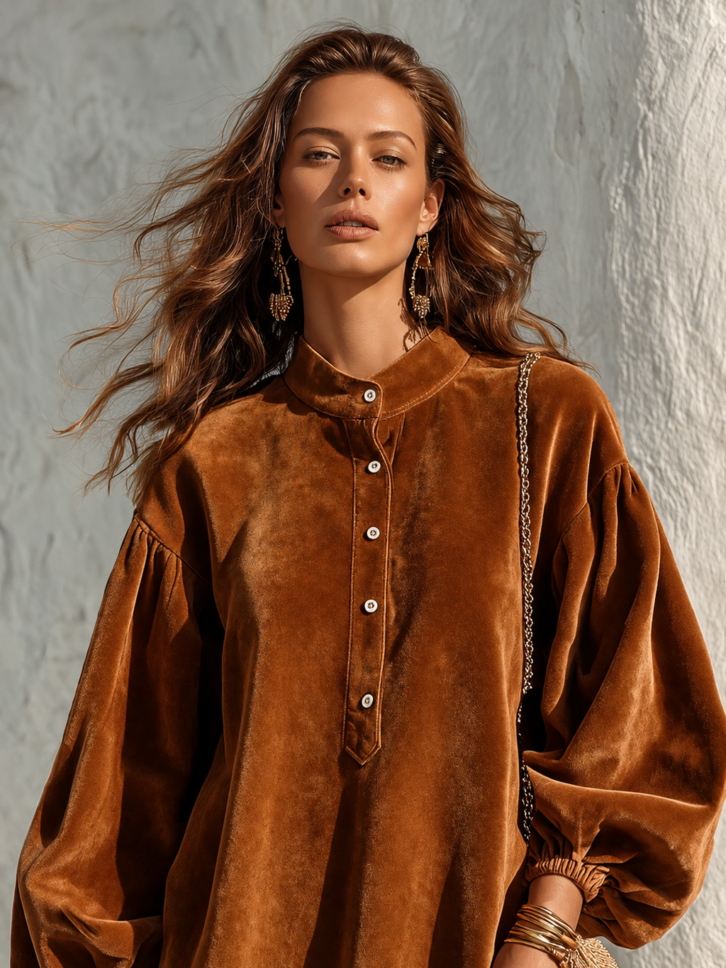 Vintage Velvet Lantern-Sleeve Button-Collar Mini Dress