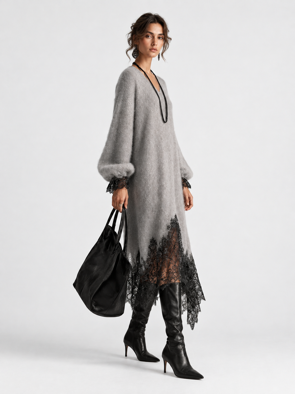 Sequin Knit Dress With Lace Hem