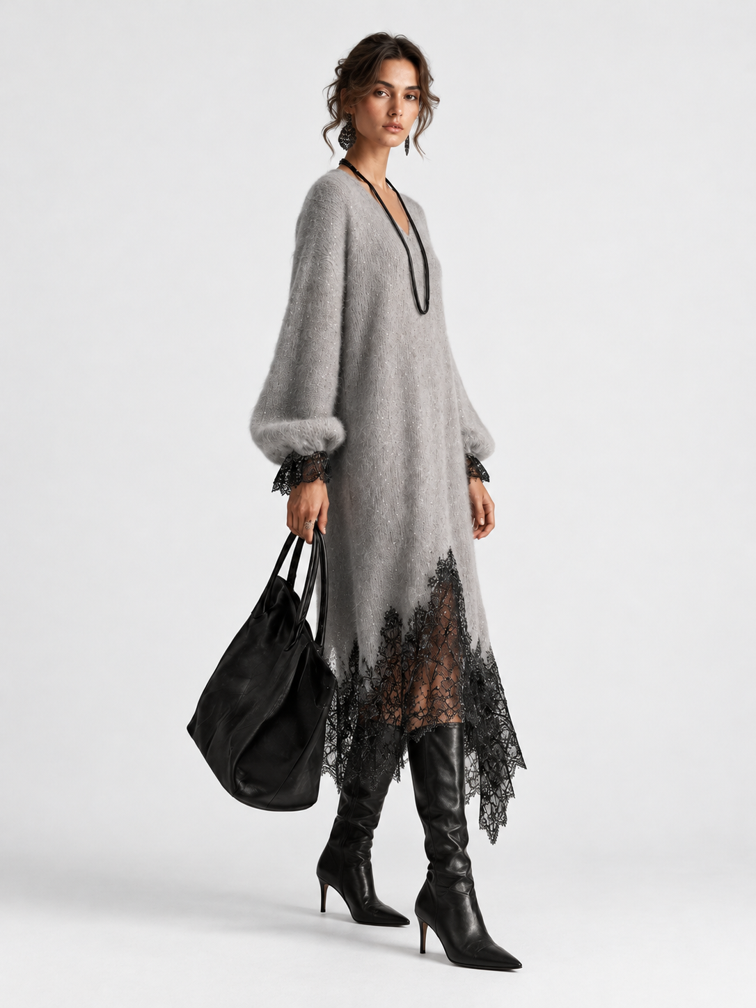 Sequin Knit Dress With Lace Hem