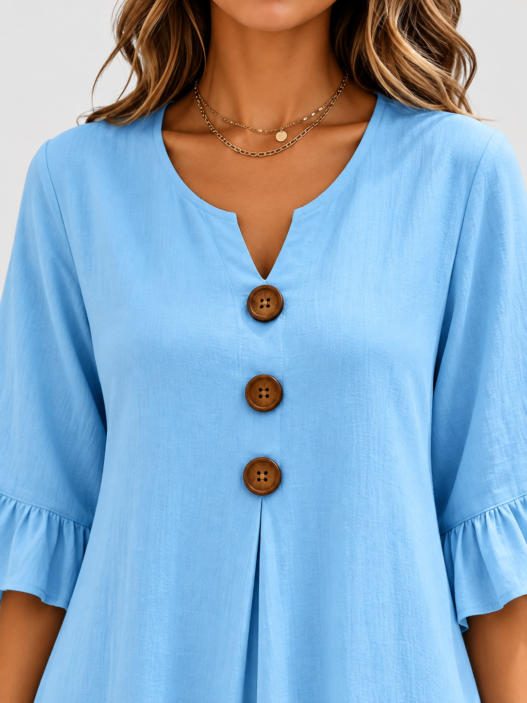 Boho A-Line Maxi Dress with Wooden Buttons and Ruffle Detail