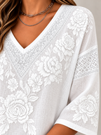 Floral Embroidered Lace Trim V Neck 3/4 Sleeve Blouse