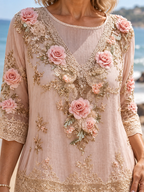 Pink Floral Embroidered Lace Midi Dress with 3/4 Sleeves