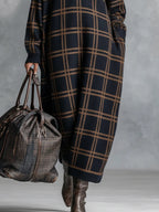 Loose Plaid Zipper Neck Knitted Maxi Dress