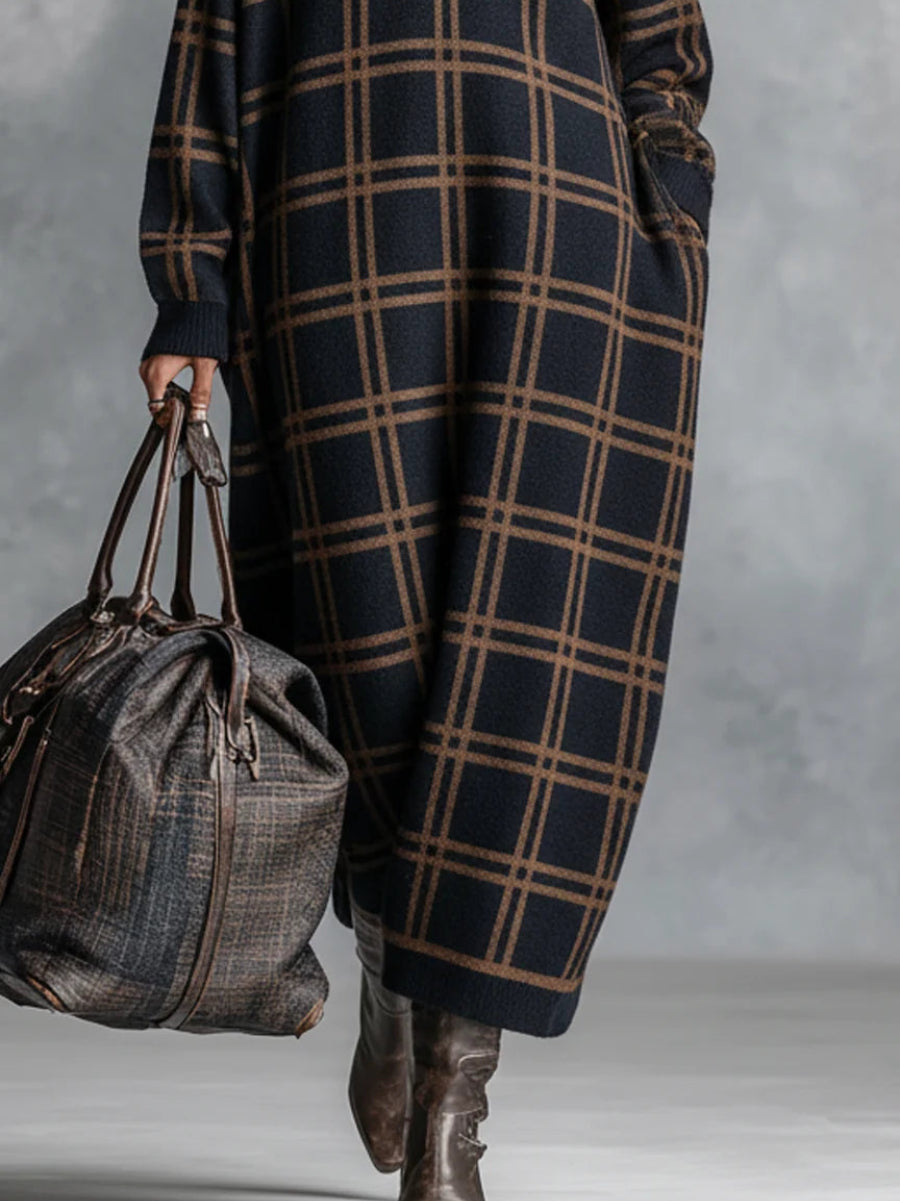Loose Plaid Zipper Neck Knitted Maxi Dress