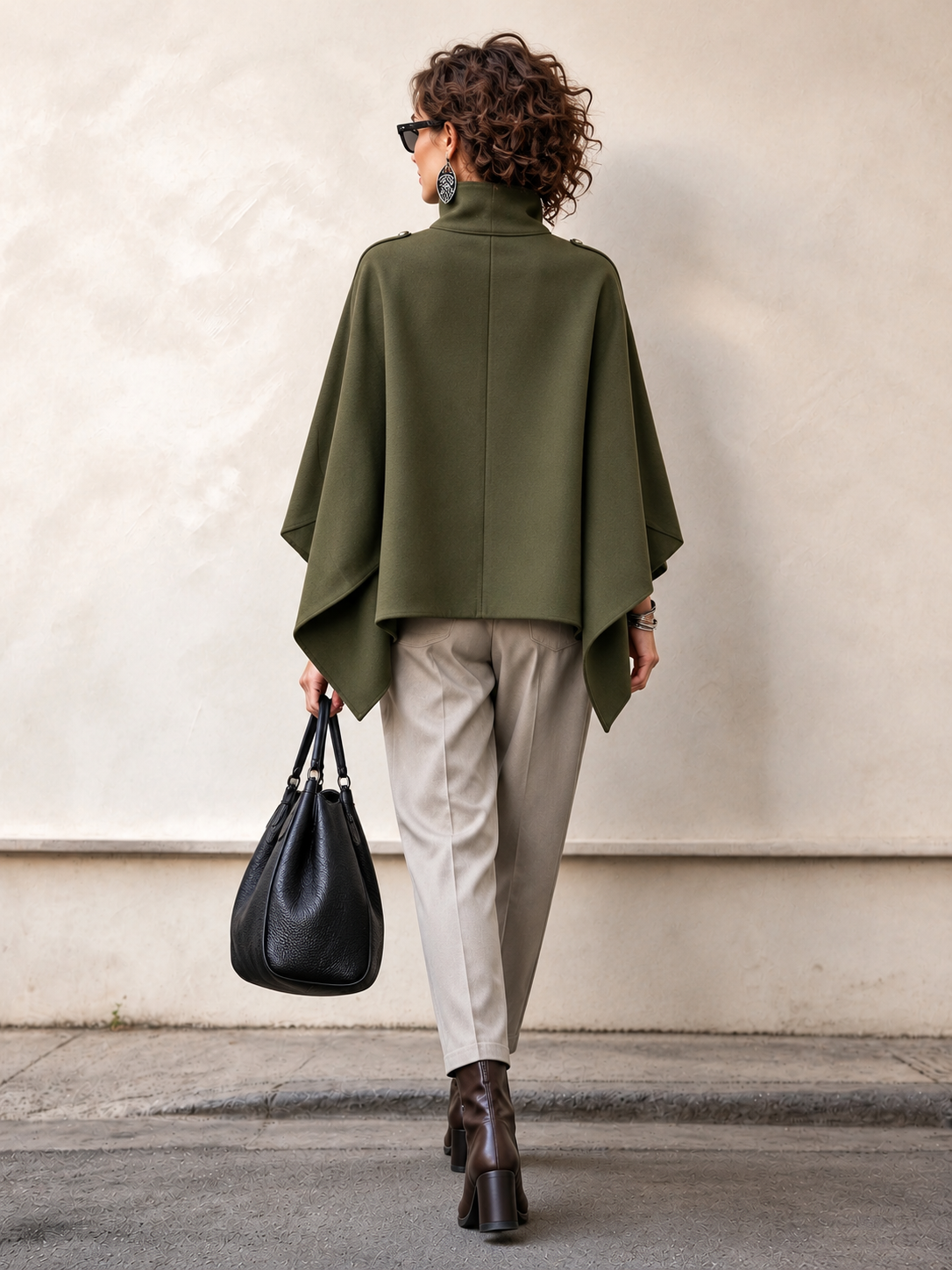 Cozy Stand-collar Stud-embellished Zippered Cape Coat