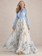 Vestido largo de gasa con estampado floral y escote pronunciado de manga larga