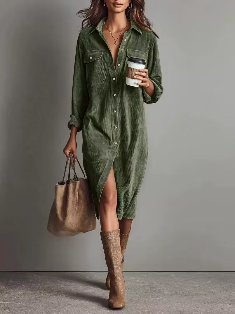 Corduroy Button-Front Midi Shirt Dress with Pockets